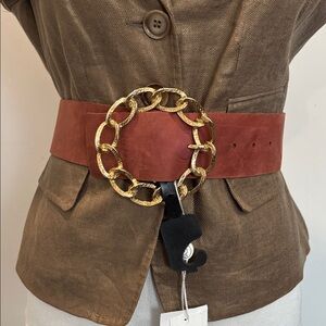 Italian Leather Belt Gold Chain Statement Buckle Wide Cognac Size 80